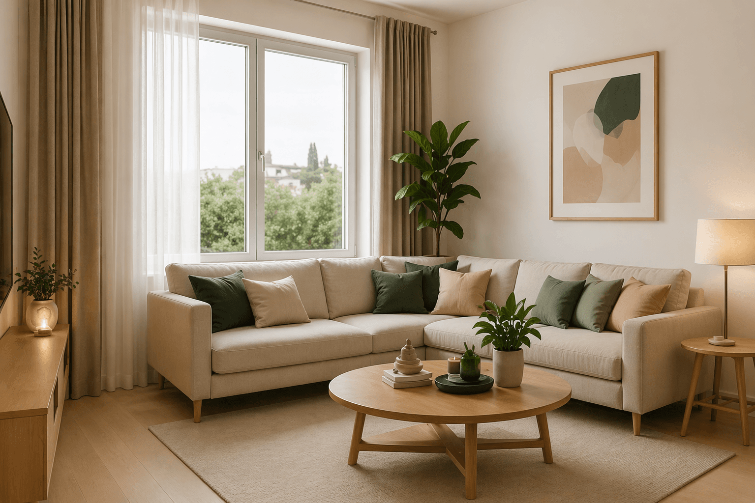 Sala decorada com sofá claro, plantas e luz natural